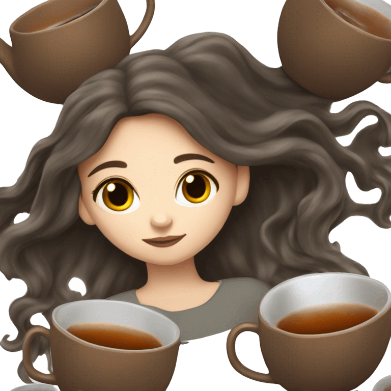 white girl with dark brown long hair holding an Earl grey tea emoji