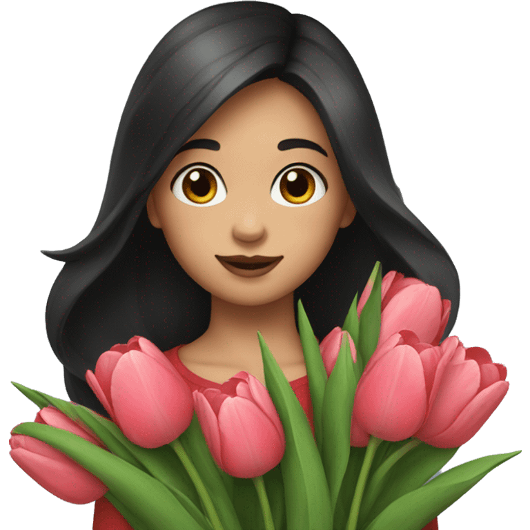 Girl with dark hair take a tulips emoji