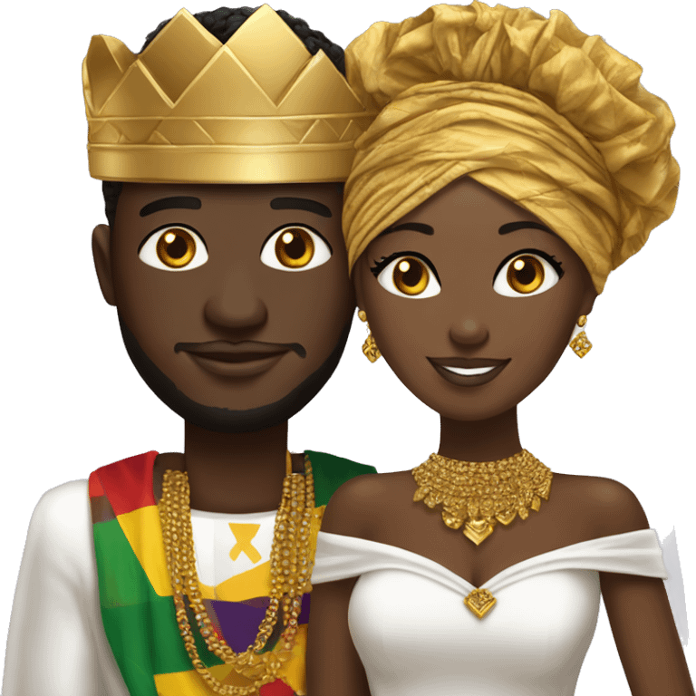 Ghanaian bride and groom. Gold jewelry and gold head crown with white off shoulder dress. Kente Cloth emoji