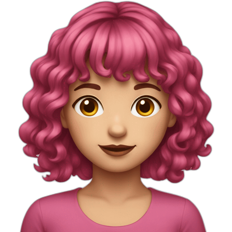 A young girl with dark pink medium length wavy hair and a fringe emoji