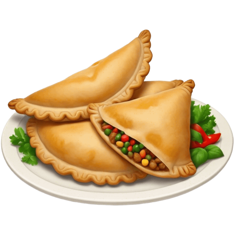 Cinematic Realistic Empanadas Dish Emoji, showcasing crispy fried turnovers filled with spiced meat and vegetables rendered with rich textures and dynamic, appetizing lighting. emoji