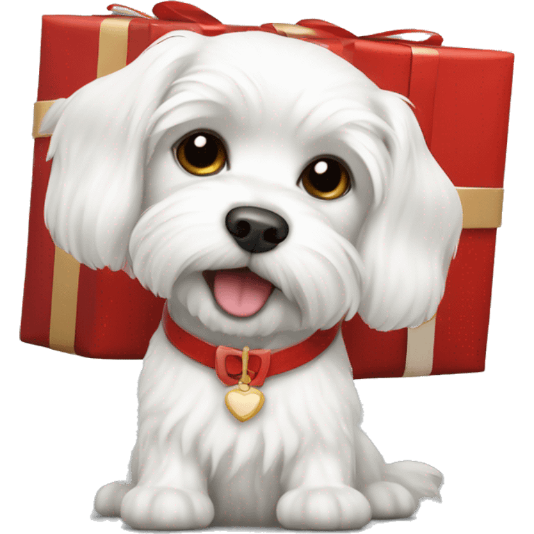  white maltese dog and red gift emoji