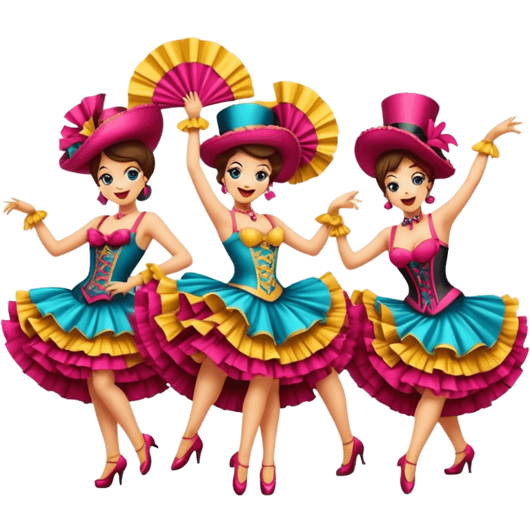 Cinematic Realistic Can-can Dance Emoji, depicted as a lively cabaret dance scene with flouncy costumes and dynamic energetic movement, rendered with vibrant textures and playful theatrical lighting that captures the spirit of French cabaret. emoji