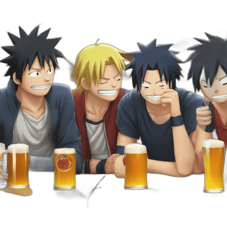 Luffy zorro Naruto et Sasuke qui boivent une biere emoji