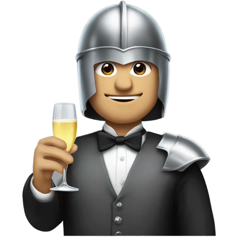 Guy wearing a knight helmet wearing a tuxedo with a glass of champagne  emoji