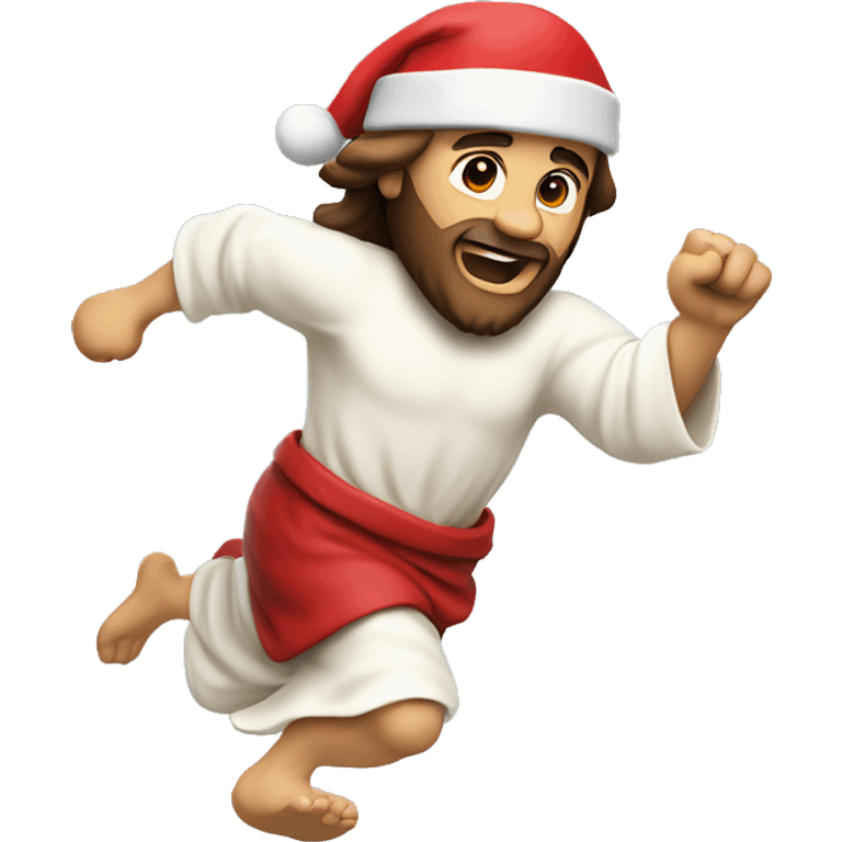 Jesus sprinting, with a large stride and arms outstretched, santa hat emoji