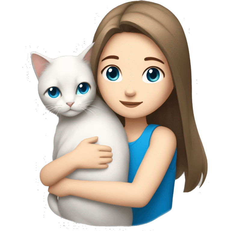 brown hair girl with straight hair and blue eyes hugging a white longhair cat emoji