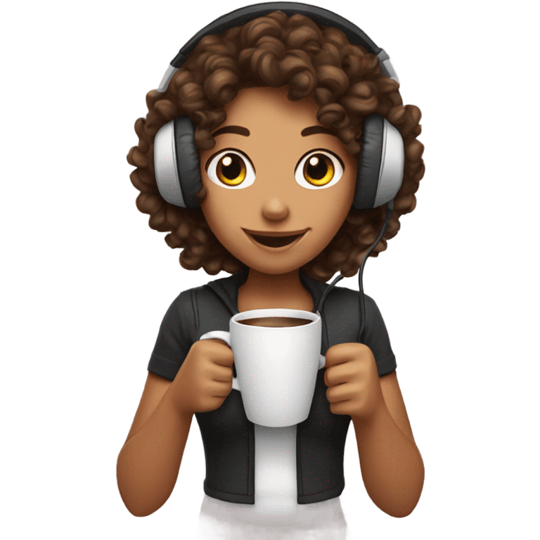 Tanned girl with curly hair with gaming headset and coffee emoji