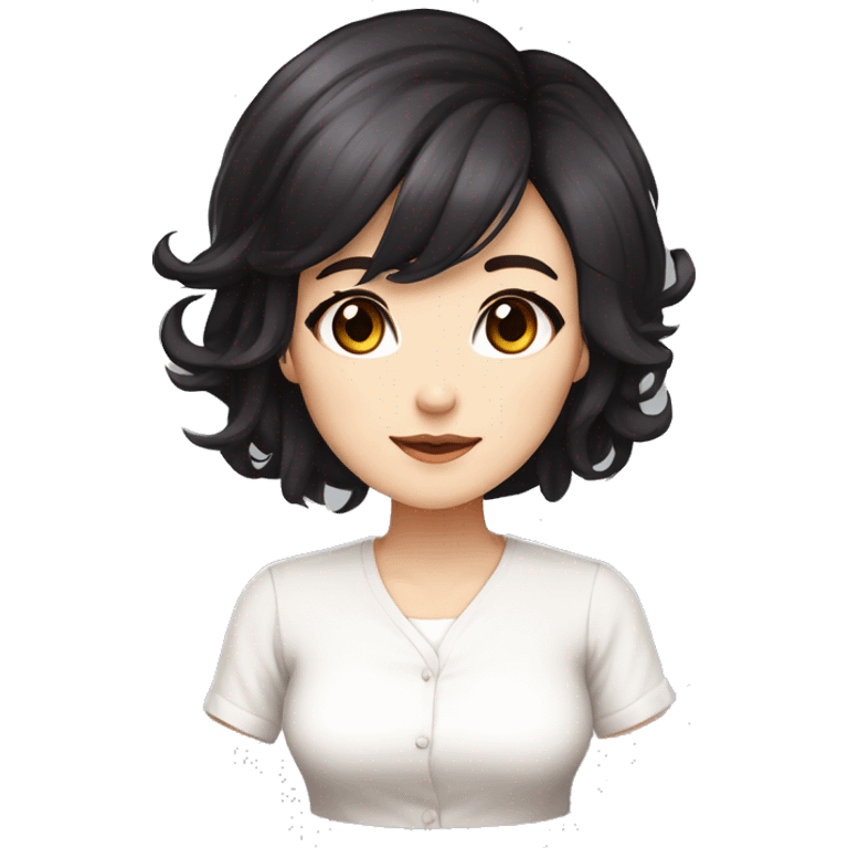 masterpiece, anime style, chibi, illustrated logo, medium short shot, emote for twitch of a 45 year old woman, oval face, black hair, brown eyes, white skin, white shirt, long hair
 emoji