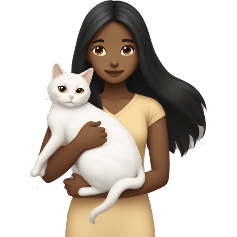 girl with very long black hair and light brown skin hugging a white cat emoji