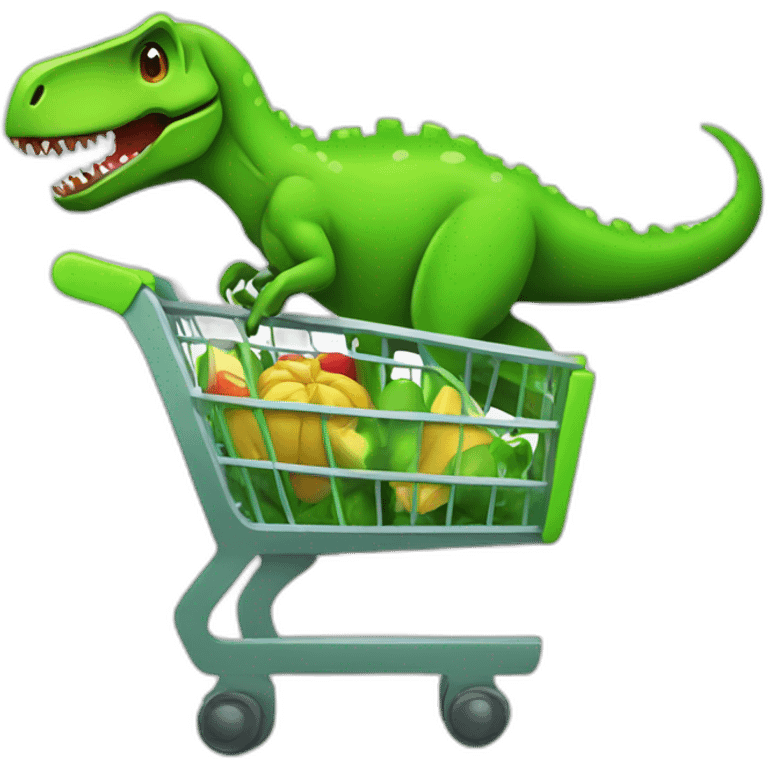 green t-rex with a green alien in a shopping cart in the style of iphone  emoji