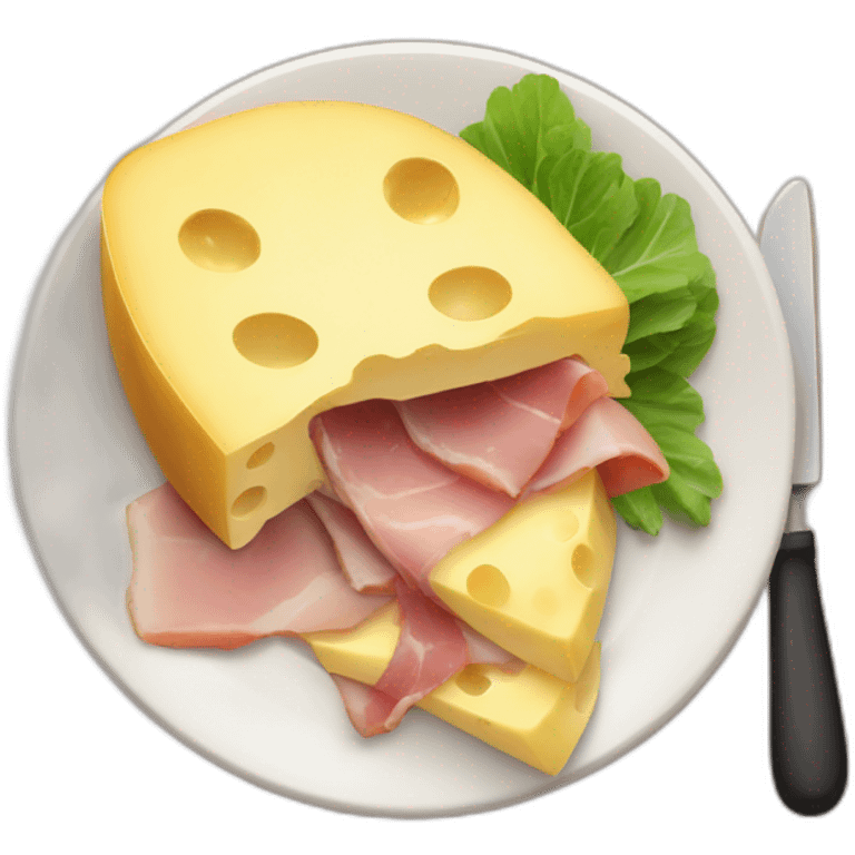 A big Melting raclette cheese in a plate with a little piece of ham and 4 potatoes  emoji