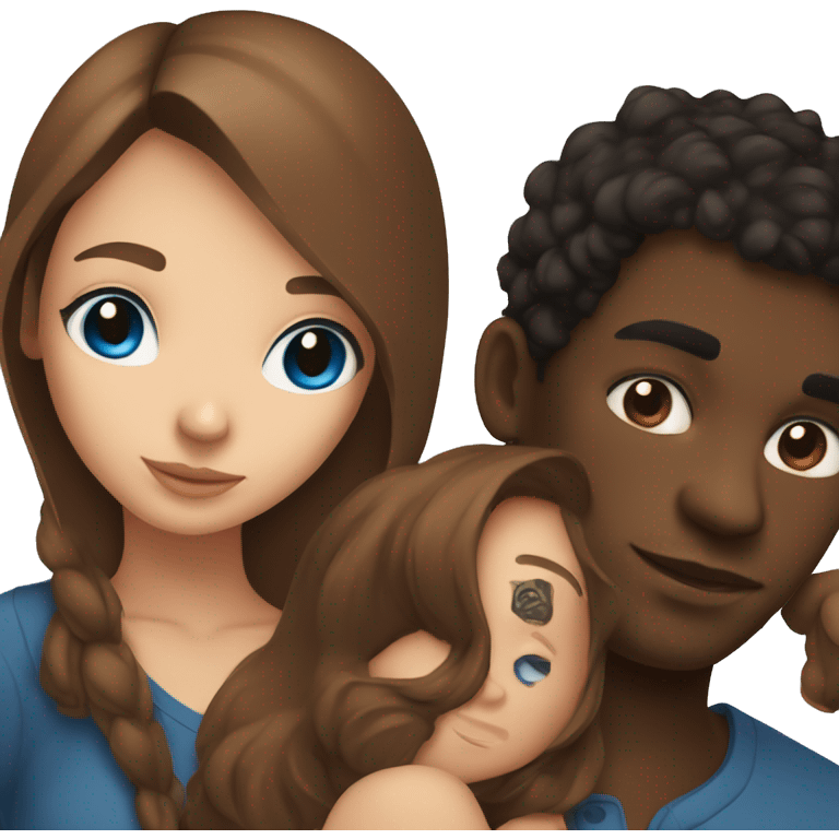 Beautiful Girl with blue eyes and long brown hair and boy with brown hair cuddling, black man with tattoos  emoji