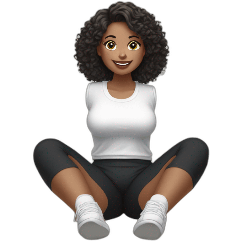 Front view full body curvy caucasian beauty sitting on the floor straight hands up black skirt white knickers white socks emoji