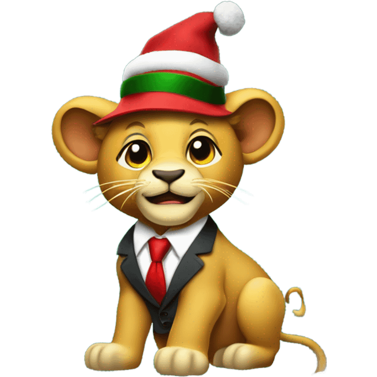 Lion cub wearing a business suit and hat that has a logo of “TripTips” standing in front of a Christmas tree with money falling everywhere emoji