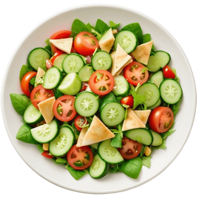 Cinematic Realistic Fattoush Salad Dish Emoji, depicted as a colorful medley of greens, tomatoes, cucumbers, and crispy pita rendered with vibrant textures and refreshing lighting. emoji