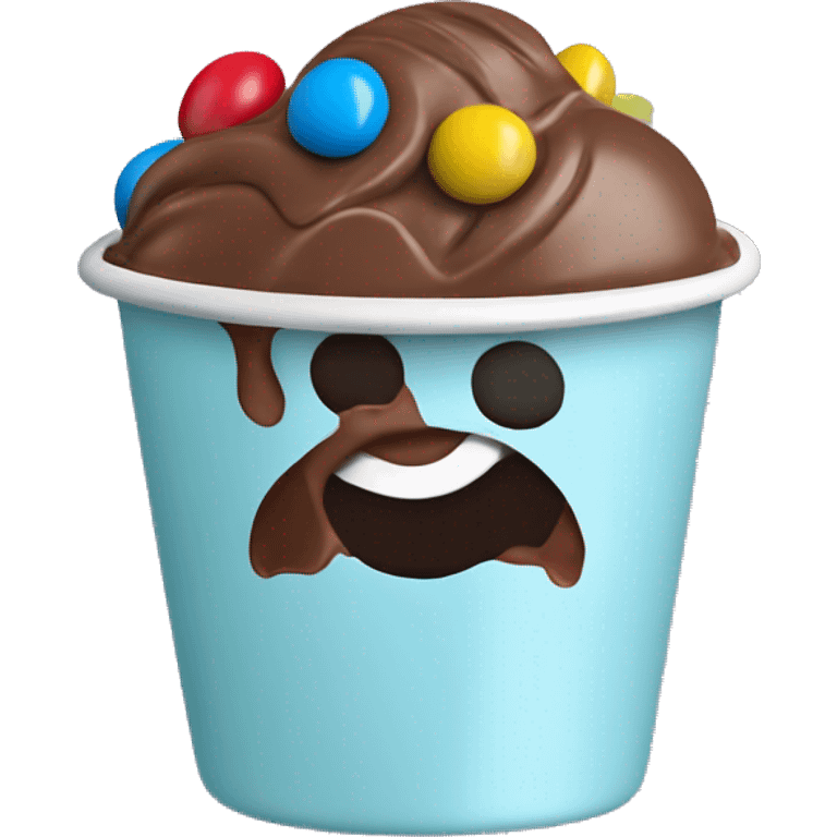 chocolate ice cream in a cup with m&ms on the top emoji