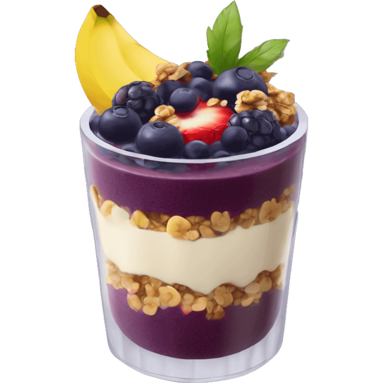 Açaí in a clear cup with layers of fruits and granola and condensed milk emoji