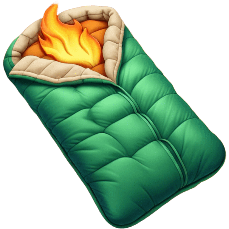 Cinematic Realistic Sleeping Bag, plush and slightly wrinkled, rich fabric texture catching the firelight, glowing with warmth and inviting coziness, nestled within a peaceful campsite. emoji