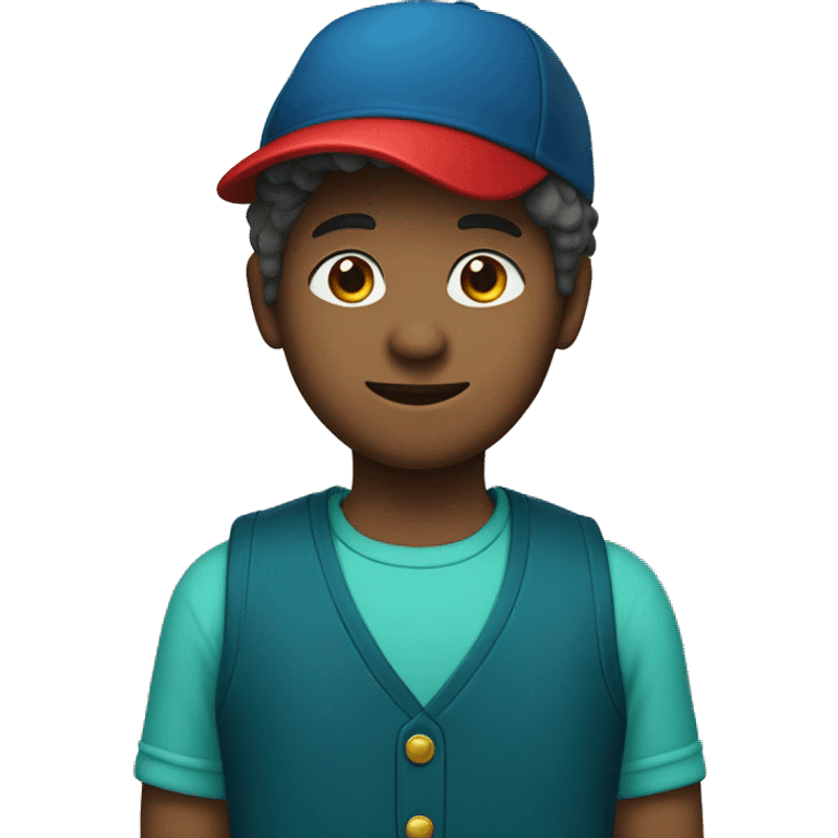 12 year old with a dark blue vest, a red shirt, and a teal hat with a pine tree on it emoji