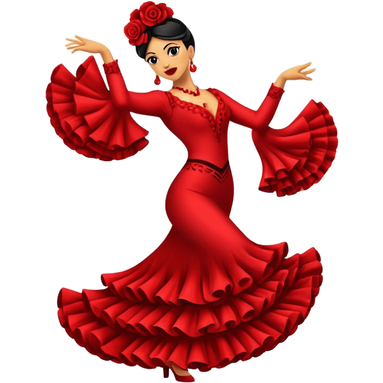 Cinematic Realistic Flamenco Dance Emoji, depicted as a passionate expressive flamenco performance with dramatic costumes and dynamic fiery movements, rendered with vibrant textures and bold energetic lighting that captures its intense rhythm. emoji