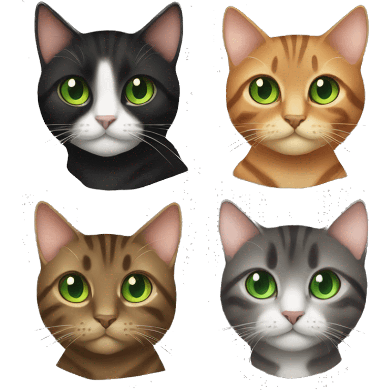 a brown tabby with green eyes, black tuxedo with green eyes, dark brown cat with orange eyes emoji