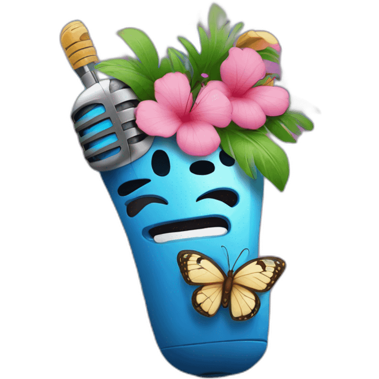 Cartoon Blue and pink tiki singing with butterfly and in the mikrophone emoji