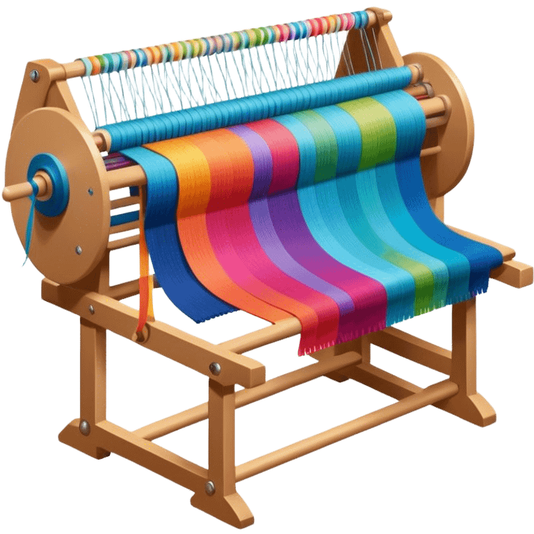 Weaving icon, loom with colorful fabric being woven, visible shuttle, spools of yarn, fabric swatches, sewing patterns, and finished clothes, minimalistic style, clean lines, transparent background. emoji