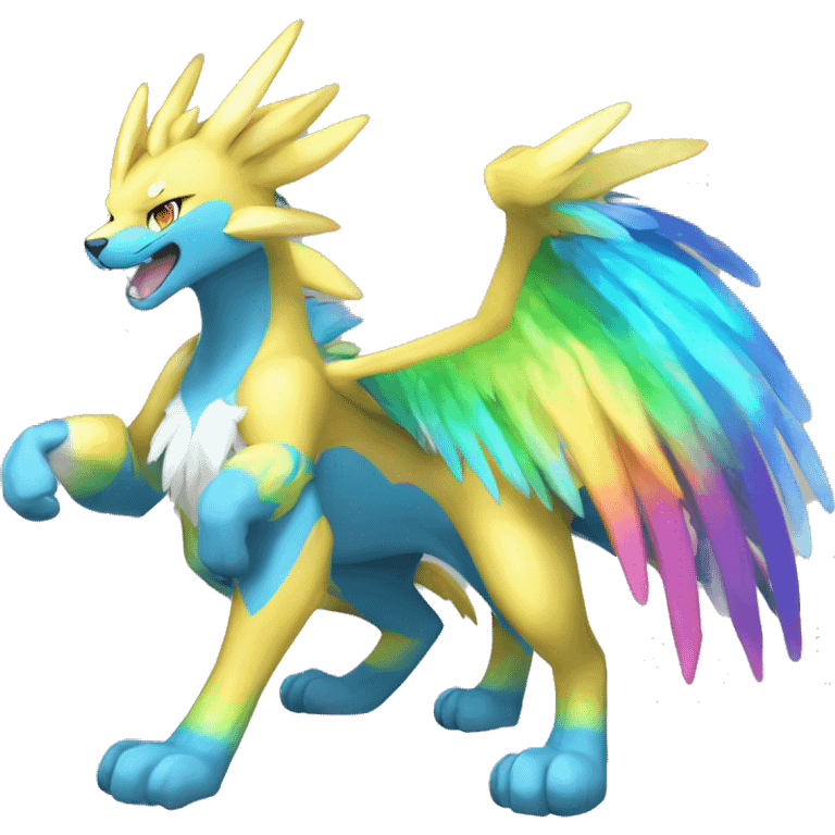 Celestial Powerful Rainbow-Crystallic Colorful Vibrant Colors Flying Advanced Zeraora-Aurorus-Fakémon-Legendary-Pokémon-Creature Full Body emoji