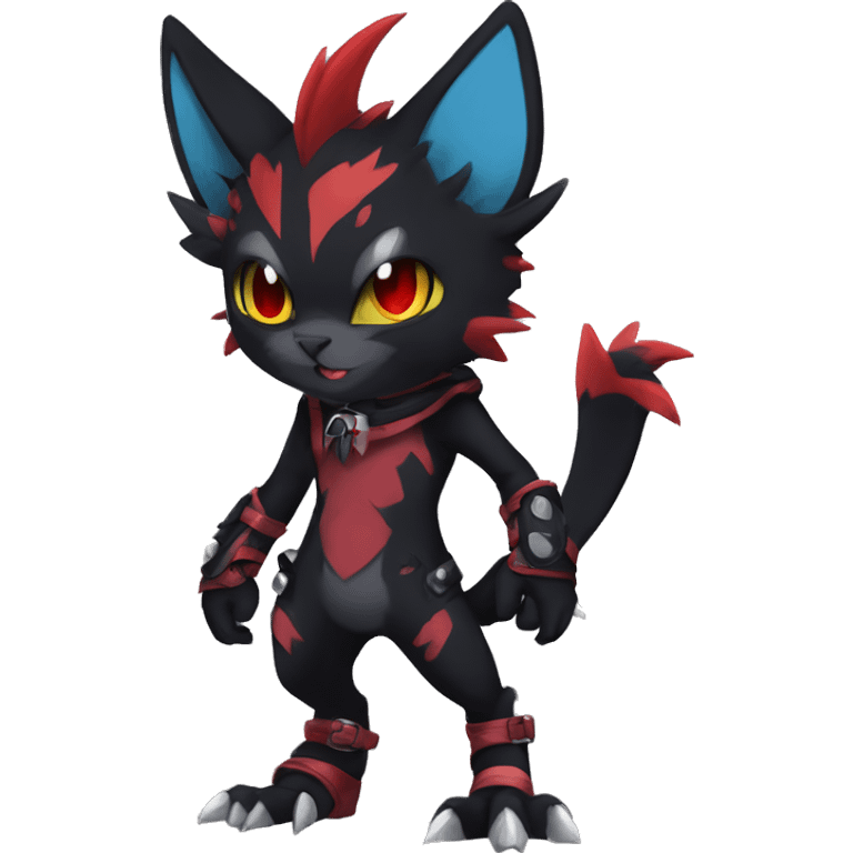 Black Anthro Cool Punk Noibat-Litten-Fakemon-fursona with fangs and red markings Full Body emoji