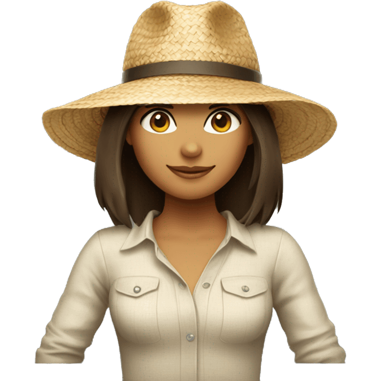 Brunette girl with shoulder length hair wearing straw hat emoji