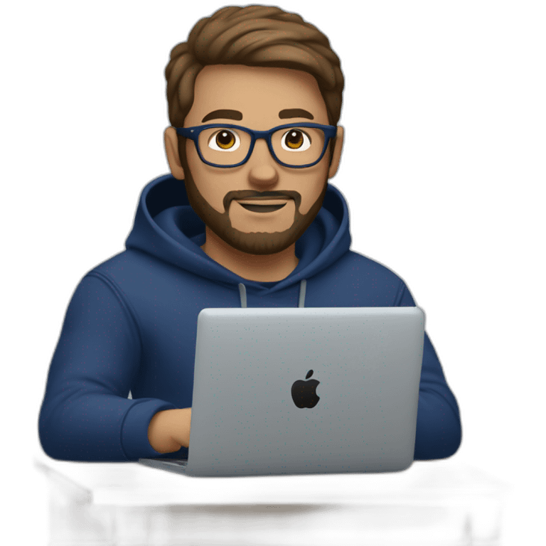 Brown short hair white man with a beard and round glasses typing on apple computer wearing a dark blue nike hoodie emoji