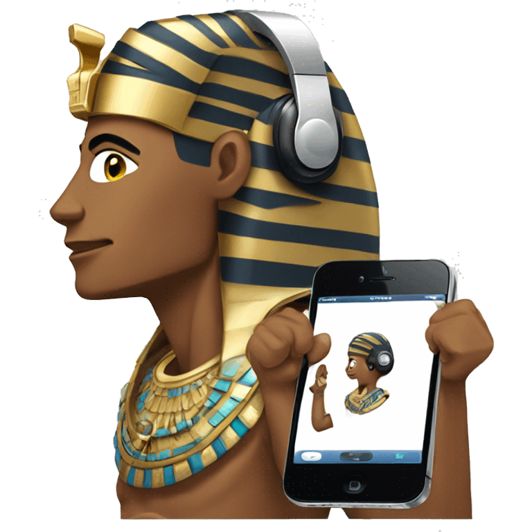 Pharaoh in headphones with an iPhone emoji