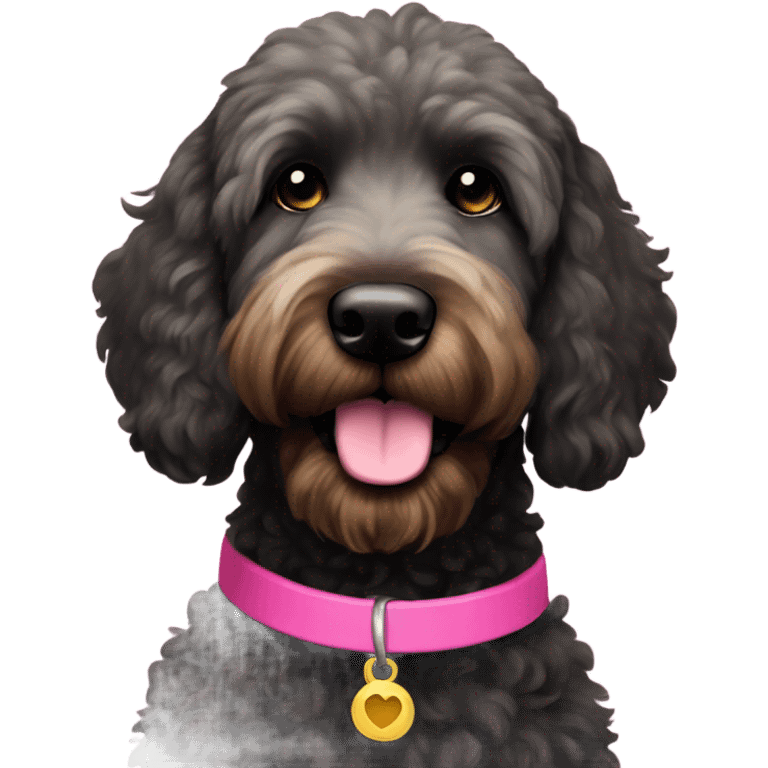 Black goldendoodle with a pink collar emoji