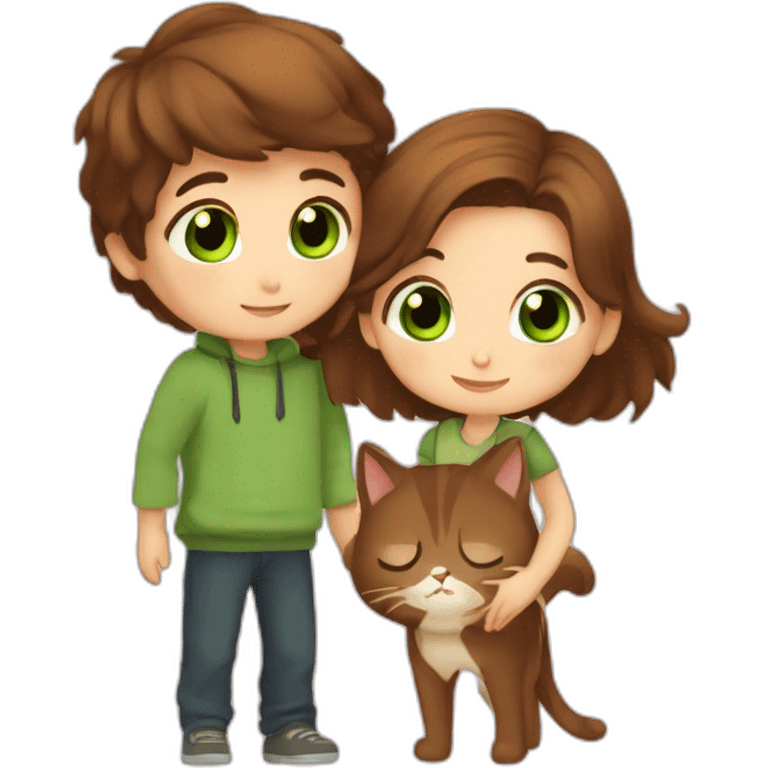 Girl with brown eyes and brown hair kisses the boy with brown hair and green eyes and hugs brown cats emoji