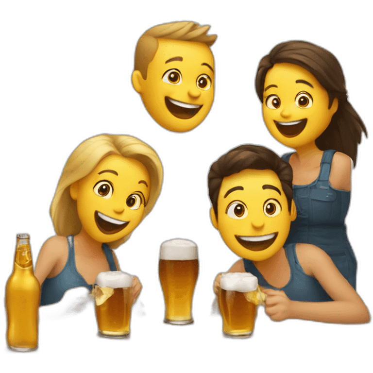 3 people laughing around a square table with 3 small beers on it. No yellow people emoji