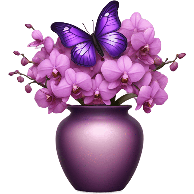 Aesthetic butterfly with purple and pink wings sitting on a dark purple bouquet of Orchids in a pastel pink vase emoji