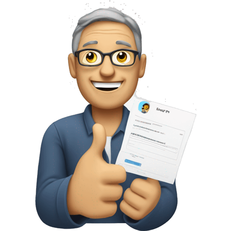 A middle-aged person holding a feedback form featuring a happy face emoji and giving a thumbs-up, symbolizing positive feedback emoji