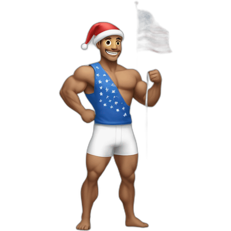 Create a full-body emoji of a muscular man, wearing a New Year's hat and holding a generic celebratory flag. emoji