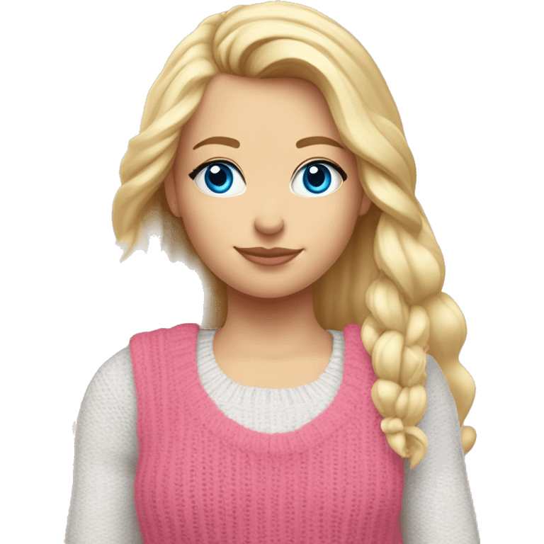 Blond girl sholders up with blue eyes and long eyelashes and a pink tank top on with a knit sweater that is white over her shirt and a bow in her hair emoji