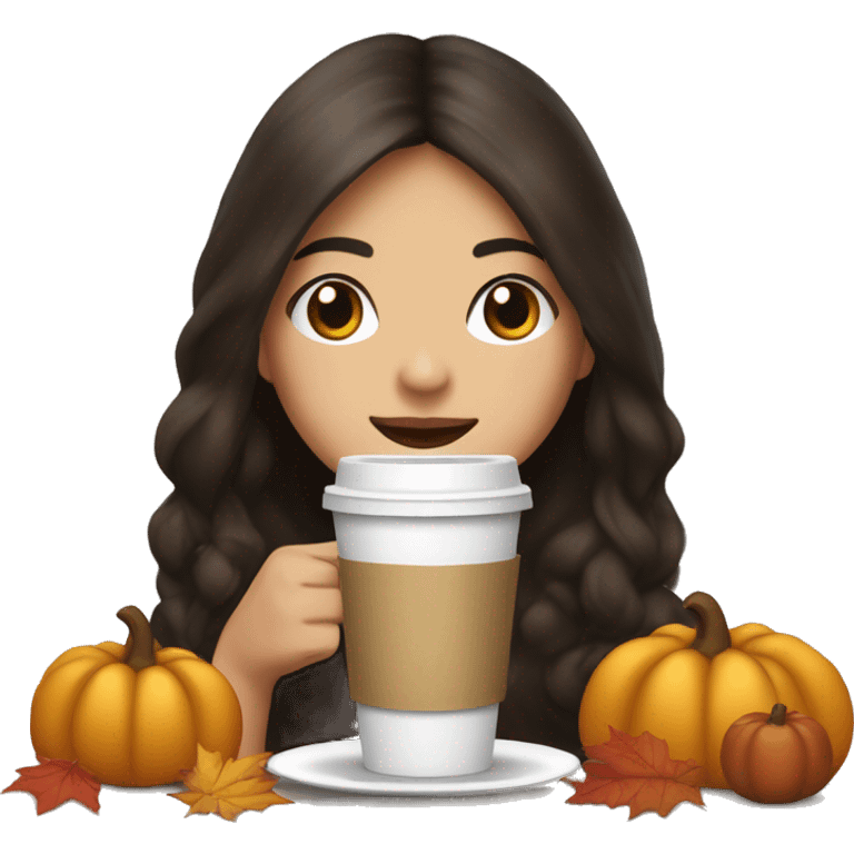 Asian brunette long hair girl with freckles having coffee decked out with thanksgiving drcorations emoji