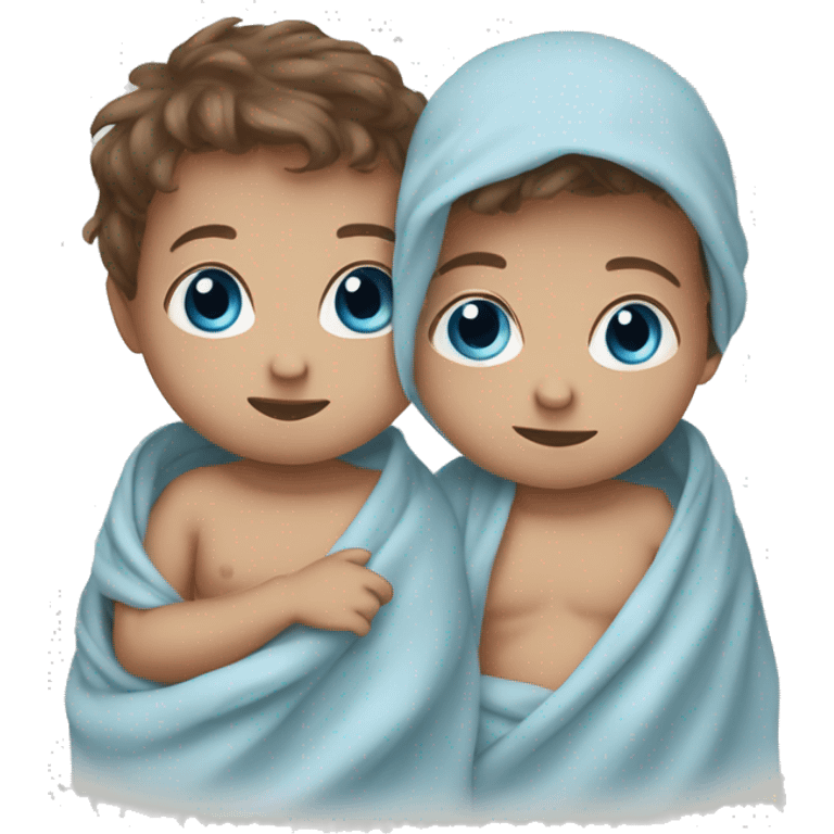 Twin baby boys brown hair blue eyes wrapped in a blanket  emoji