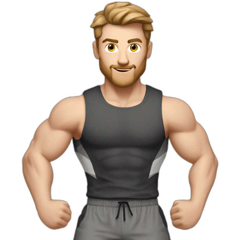 Close up Actively gesturing  with hands Pale skinned Fit Man With the biceps and brown hair in dark gray Sleeveless Mike, black oversize sports shorts, watch and white Sneakers emoji