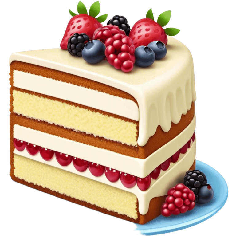 Cinematic luxurious slice of cake, delicate layers of moist sponge and rich frosting, beautifully decorated with fresh berries and a glossy glaze, soft glowing light, elegant and indulgent. emoji