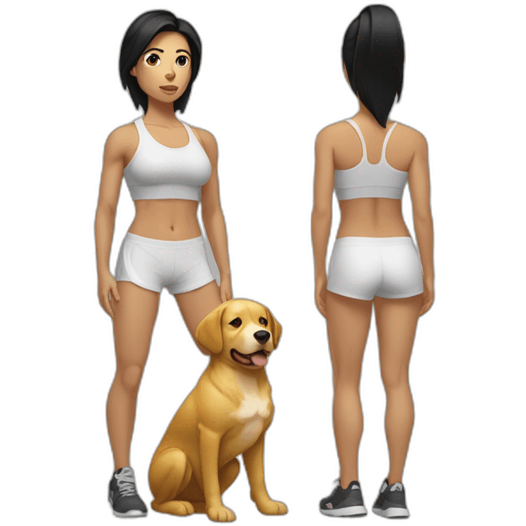 crossfit woman with black hair, white and doing lowering And a golden dog at her side emoji