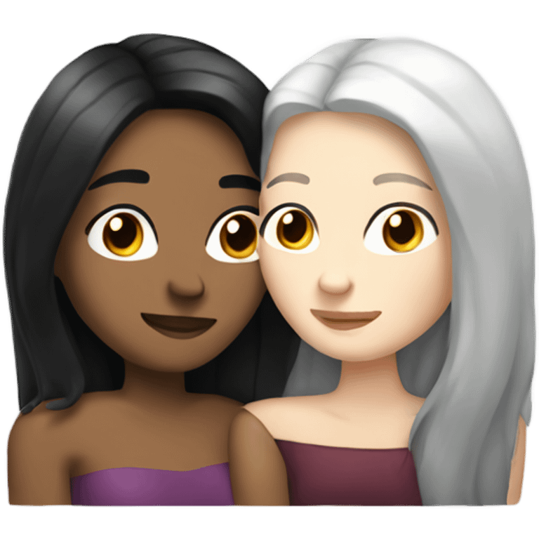 A lesbian couple with white skin and long black hair hugging intimately, and romantically. emoji