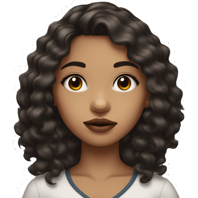 Girl with long dark brown wavy hair, big almost black eyes , big lips and lashes emoji