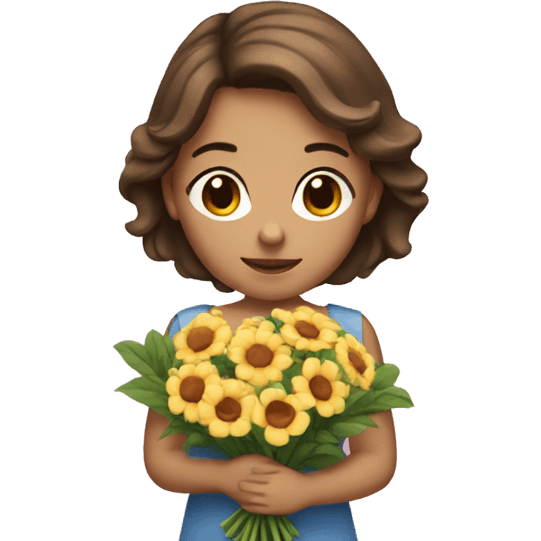 A girl with brown hair with a bouquet emoji