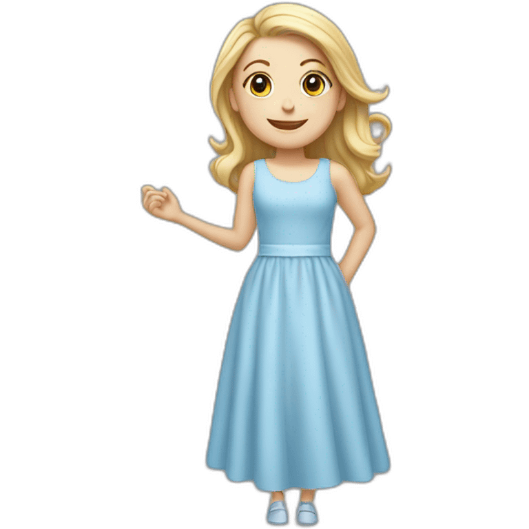 White girl wearing a light blue dress smile poiting for the left emoji