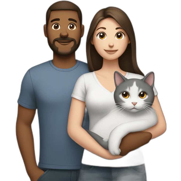 white brun man and brunette woman with a fat gray cat in their arms emoji